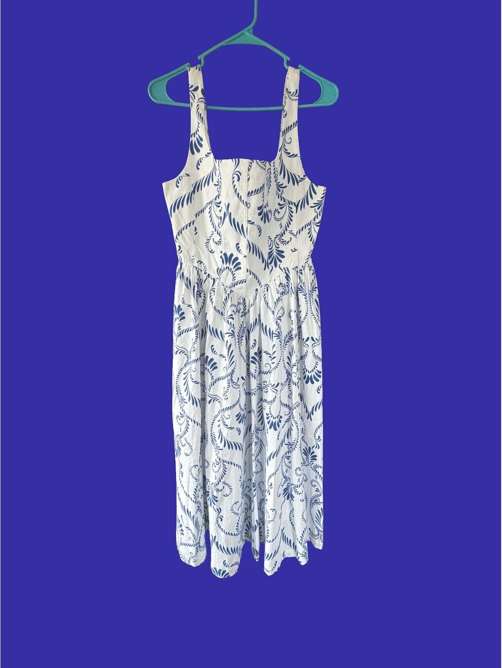 7 For All Mankind Corset Bodice Midi Sundress Size 6 Blue White Porcelain Print